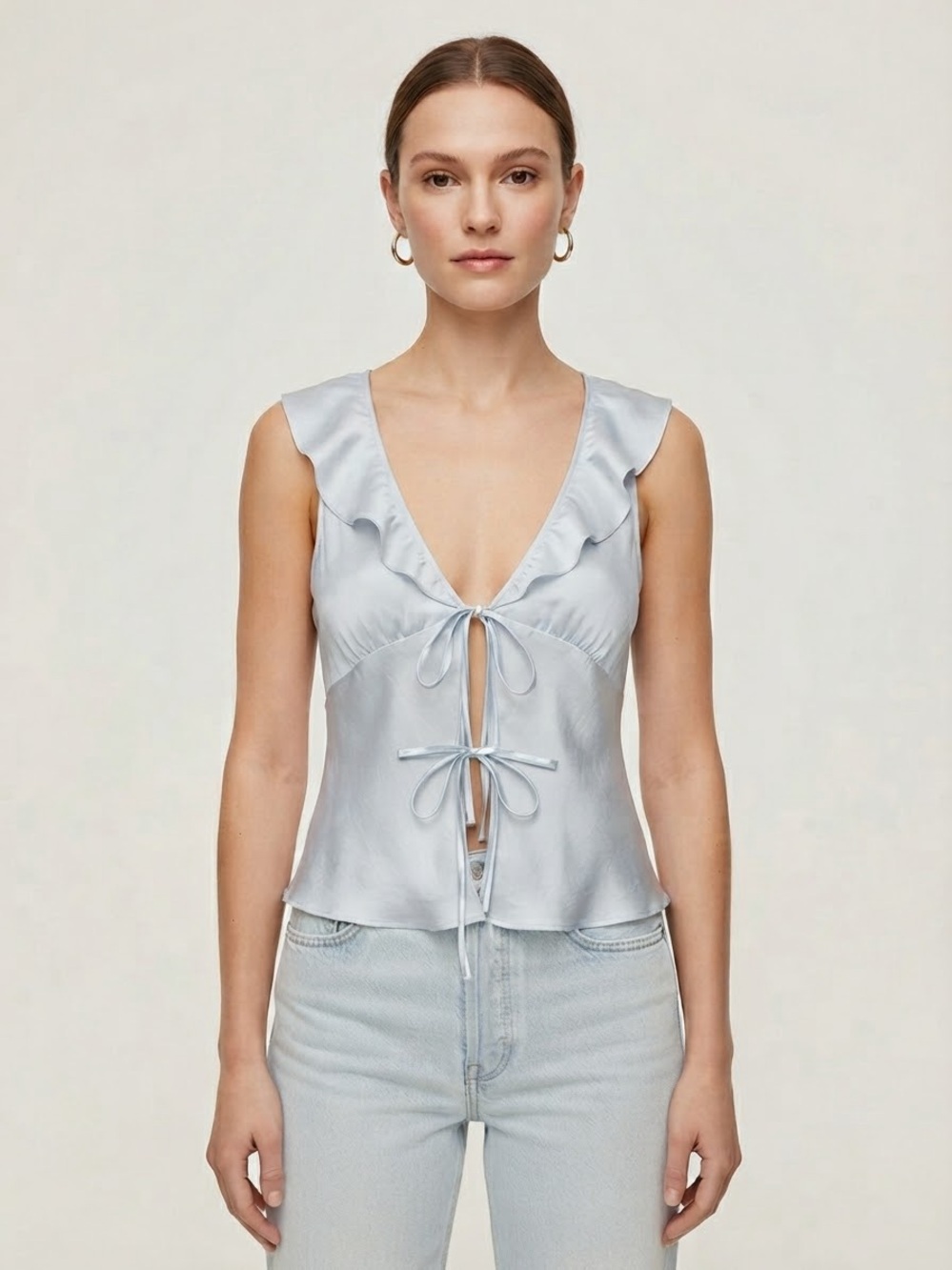 Aritzia White Satin Ruffle Tie-Front Camisole